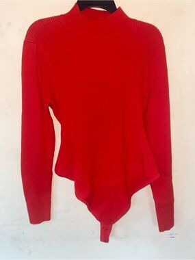 Open Edit Red Mock Neck Ribbed Sweater Open-Back Bodysuit, XL